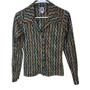 VTG‎ 70s 8 Track Multicolor Chevron Zig Zag Knit Button Up Shirt Disco Retro